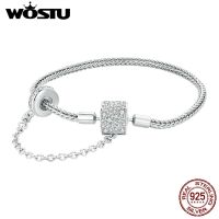 WOSTU Genuine 925 Sterling Silver Eruopean Simple Cylinder Shaped Charm Bracelet &amp; Bangle For Women Fit Original Brand DIY Beads