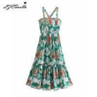 LZEQuella Women Leaf Print Ruffles Strap Dress Summer Holiday Fashion Sexy Slash Neck Backless Green Boho Dresses Vestido NZ3496