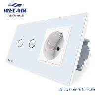 WELAIK EU 2กรอบ1 ~ 1000W 2Gang1way คริสตัลกระจกนิรภัยแผงไฟ LED Wall Touch-Switch 16A Power Socket 220V A29218ECW