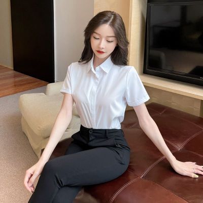 Based anti-wrinkle ice silk v-neck white shirt female thin big yards short sleeve white shirt business attire suits OL coat