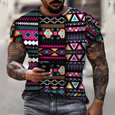 Mens Short Sleeved T-shirt, Super Funny Top with 3D Ethnic Arrow Print, Retro Style, Light and Breathable New Shirt in Summer