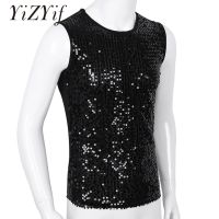 YiZYiF Mens Sequin Tank Top Shiny Crop top Vest Crew Neck Slim Vest Sexy WetLook Tank Top Clubwear Tee Muscle Tank Men Vest Top