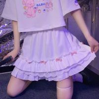 ◕◕ HOUZHOU Kawaii White Mini Skirts Women Harajuku Ruffle Lace Bow Patchwork High Waist Pleated Skirt Japanese Style Soft Girl