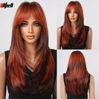 Red Brown Long Layered Synthetic Wig with Bangs Highlight Straight Cosplay Wig for Black Women Party Natural Hair Heat Resistant Wig  Hair Extensions