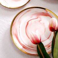 Marble Texture Ceramic Plates Set Nordic Modern Dinner Plate Creativity Golden Stroke Decorative Cake Dessert Dishes Tableware