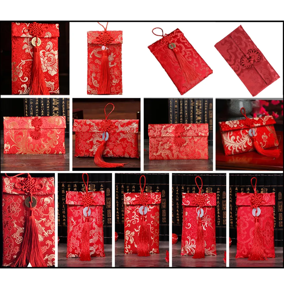 Silk Red Envelopes,3pcs Hongbao Card Envelopes Gift Wrap Bags Red Lucky Money Pockets for New Year,Spring Festival,Birthday and Wedding