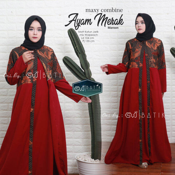 Dress Batik Wanita Modern Terbaru Kombinasi Merah Red Maxi Long Dress ...