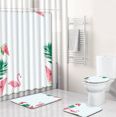 Zeegle Flamingo 4pcs Bath Mat Suit Toilet Mat Set with Shower Curtain Pedestal Rug Lid Toilet Cover Bath Mat for Home Decor