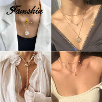 FAMSHIN Con Múltiples De La Colgante De Estrella Collar De Perlas Doradas Flor Sol Colgante De Collar