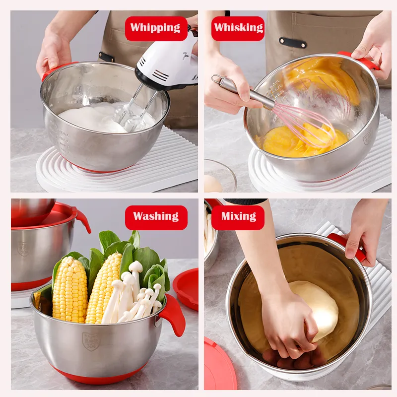 5pcs Stainless Steel Salad Bowls With Lid Anti-scald Food Mixing Bowl DIY  Cake Bread Mixer Kitchen Utensil Bowl Cooking Tools