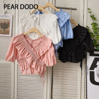 PEAR DODO เสื้อเชิ้ตแขนสั้นสำหรับผู้หญิงรอยจีบพองฟูสั้นคอวีแนวเกาหลี