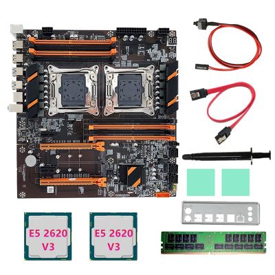 X99 Dual CPU Motherboard+2XE5 2620 V3 CPU Replacement Spare Parts Accessories DDR4 4G RECC RAM+SATA Cable+Baffle+Thermal Grease LGA 2011 for 2011-V3 CPU