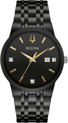 Bulova Mens Modern Black Ion-Plated Stainless Steel 3-Hand Calendar Date Quartz Watch, Gold Tone Accents and Diamond Dial Style: 98D166
