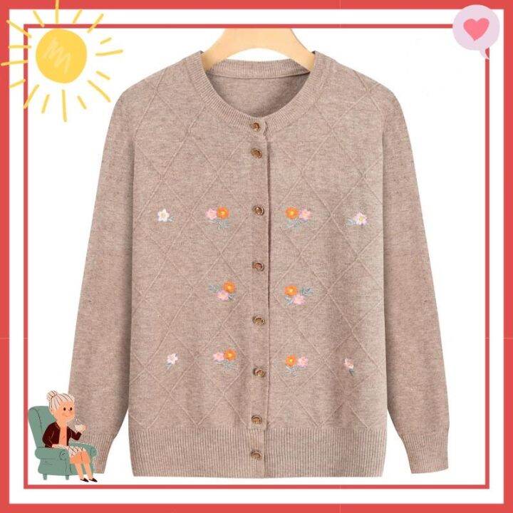 Ready Stock】 Quần Áo Trung Niên Và Người Già Áo Khoác Mùa Đông Xuân Thu Khí  Chất Cho Mẹ 50 Tuổi Áo Khoác Len Mỏng Dệt Kim Trang Phục Nữ Màu Trơn