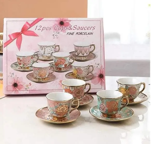 12pcs Ceramic Cup and Saucers Coffee Cup Saucer Gift Box Set Tea Cups Saucers Fine Porcelain Set