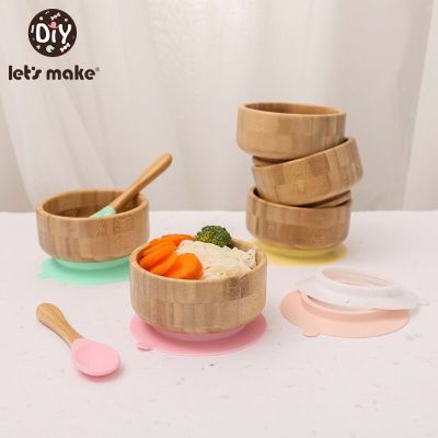Lets Make 2 Pc/Set Baby Feeding Bowl Bamboo Spoon Set Kids Learning Tableware Toddler Training Suction Bowl Infant Dinnerware