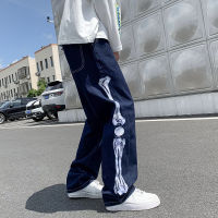 【CW】Jeans Men Skeleton Baggy Casual Jean Pants Mens Japan Style Streetwear Wide Leg Denim Trousers Male Vintage Blue Denim Pants