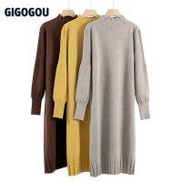 GIGOGOU ชุดสเวตเตอร์ถักยาวโอเวอร์ไซส์ผู้หญิงชุดเดรสสเวตเตอร์คอเต่าทรงหลวมชุดเดรสทูนิกไฮสตรีทชุดสวมหัว Midi ทรงหลวม