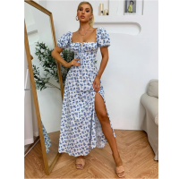 Summer Women White Dress Midi Sexy Dress Short Puff sleeve Flroal Printed High Split Casual Solid Dresses 2022 Vestidos Robe