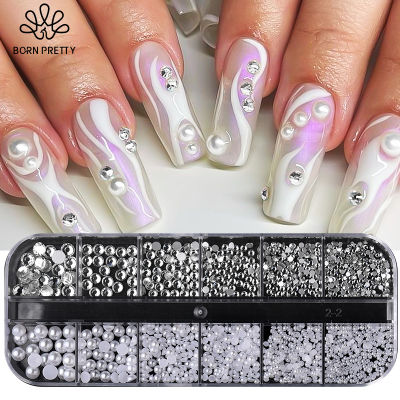 BORN PRETTY 12 Grids White Pearls For Nails Silver Bead Nail Art Charms Flatback 3D Crystals Rhinestones Nail Accessories Decorations