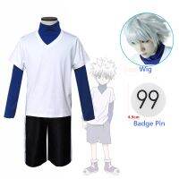 Hunter X Hunter Killua Zoldyck ชุดคอสเพลย์ผู้หญิงหมายเลข99ตราชุดคอสเพลย์ปาร์ตี้คริสต์มาสวิกผมสีขาวสั้น