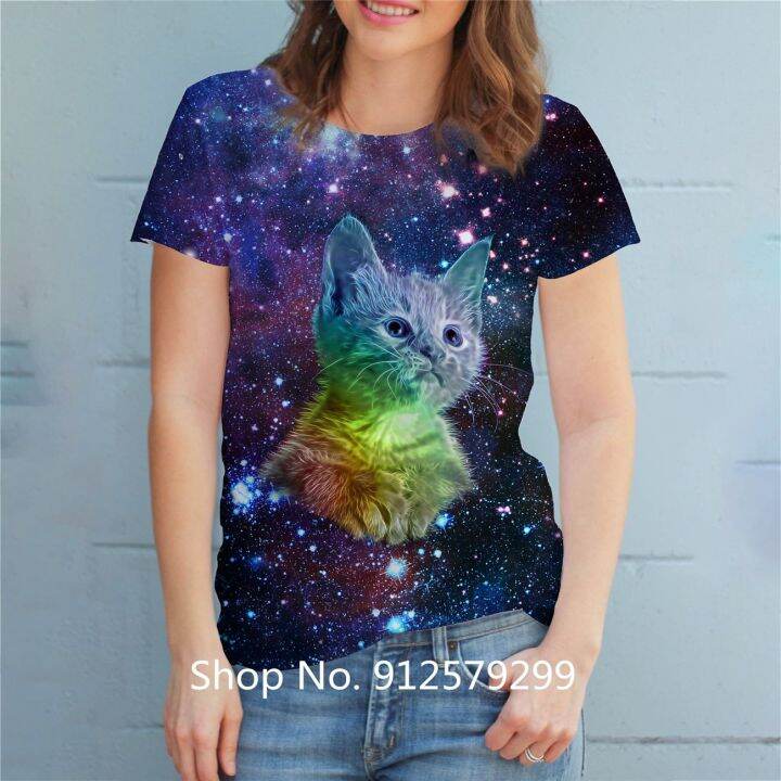 เสื้อยืดผู้หญิงแฟชั่นฮาราจูกุพิมพ์ลายแมวสัตว์เสื้อคอกลมแขนสั้นเสื้อยืดลำลองฤดูร้อน
