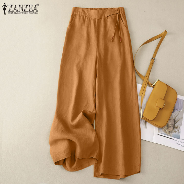 สินค้ามาใหม่-จัดส่งฟรี-fancystyle-zanzea-กางเกงเอวยืดหยุ่นสบายผูกเชือกกางเกงหลวมทรงตรงผ้าฝ้ายของผู้หญิง-2