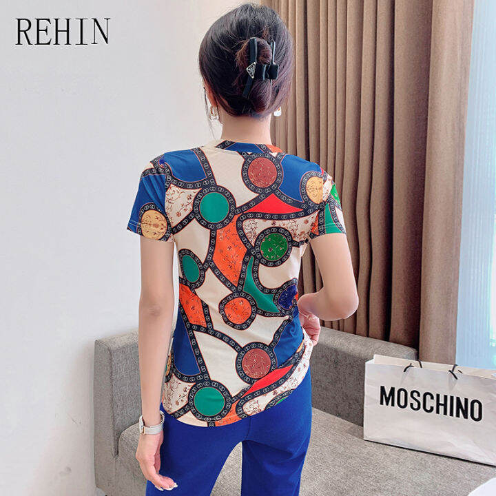 rehin-เสื้อยืดผู้หญิงคอวีแขนสั้นคอตตอน-เสื้อคอวีพิมพ์ลายไม่เหมือนใครแฟชั่นใหม่ฤดูร้อน