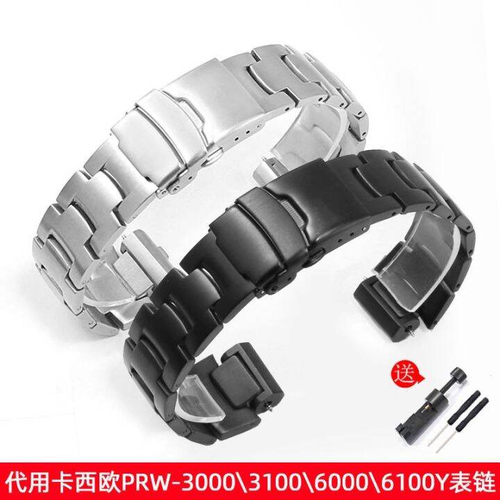 สายนาฬิกาสแตนเลสแทนชาย-casio-prw-6000-6100y-3000-3100-สร้อยข้อมือสแตนเลสพลังงานแสงอาทิตย์