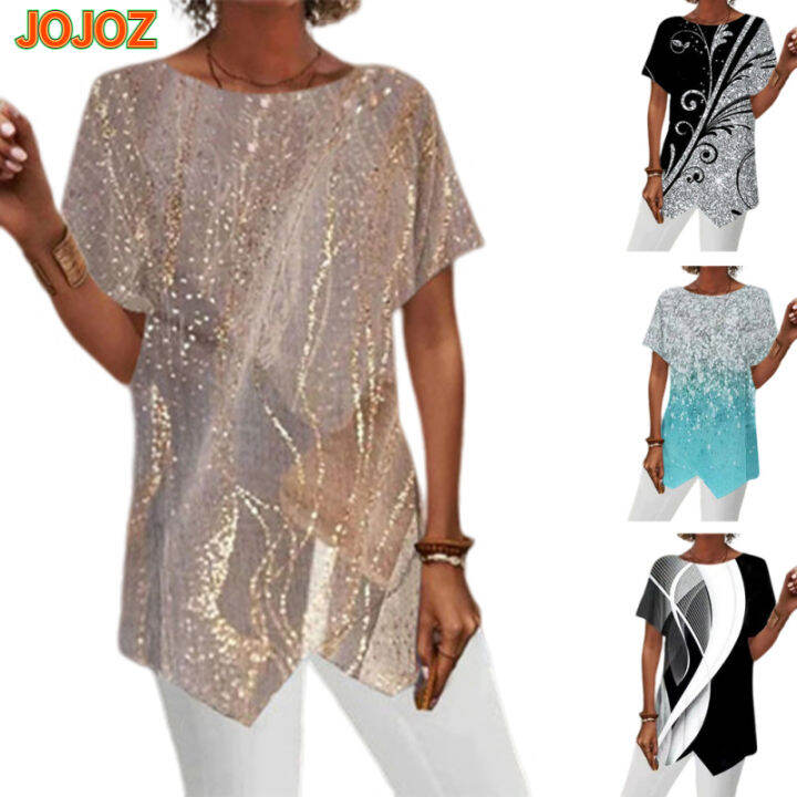 jojoz-เสื้อยืดผู้หญิงขนาดใหญ่พิเศษเสื้อสวมหัวทรงหลวมลำลองพิมพ์ลายเรขาคณิตฤดูร้อนแขนสั้นเสื้อดีไซน์ใหม่