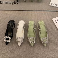 Cke CW】Fashion Crystal Buckle Sandal 2023 Womens Shoes Flat Heel Pointed Toe Slingback Shoes Slip On Mules Green Dree ss Shoes