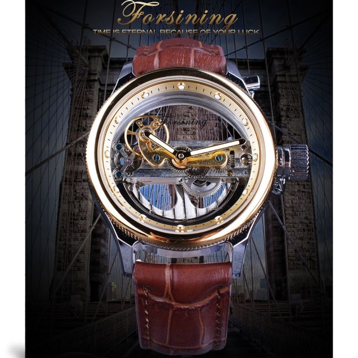 forsining-เข็มขัดหนังสีน้ำตาลผู้ชายใสสไตล์สตีมพังค์คลาสสิกดีไซน์ทันสมัยโครงอัตโนมัตินาฬิกาข้อมือแบรนด์หรู