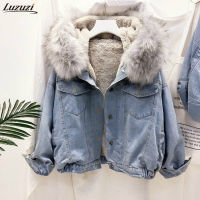 Luzuzi  Big Faux Fur Collar Denim Jacket Women Winter Hooded Warm Jean Jacket Student Basic Short Parkas Female Bomber Coat