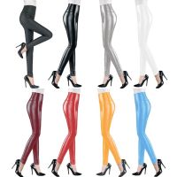 เอวสูงผอมข้อเท้ายาวสีดำ Pu F AUX หนัง Leggings สำหรับผู้หญิง Leggins ยืดเซ็กซี่ออกกำลังกาย Push Up บางกางเกง F80