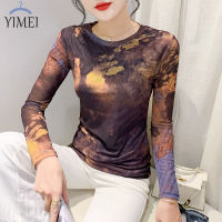 YIMEI เสื้อ Batik เสื้อแขนยาวสตรีเสื้อยืดผ้าตาข่าย,เสื้อแฟชั่น2023คอกลมพิมพ์ลายใหม่