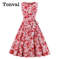 Tonval Tie Dye Print Sleeveless A Line Belted Summer Dress 2020 Women Round Neck Retro 50s Vintage Swing Dresses