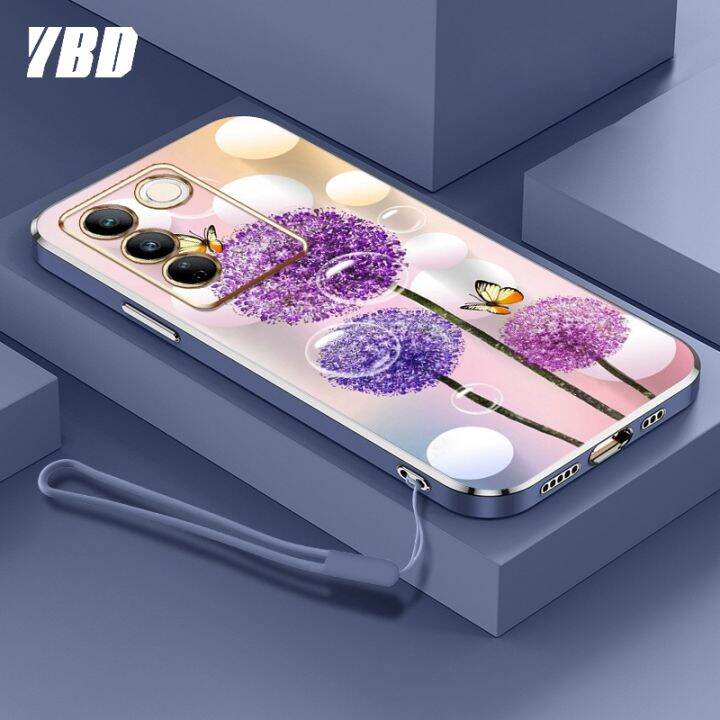 ybdเคสใหม่สำหรับ-vivo-v27e-v27-s16e-s16-s16-pro-v27-pro-เคสโทรศัพท์นิ่มชุบโครเมี่ยมสุดหรูแฟชั่นสีสันสดใสฟรีสายคล้องเคสแบบดอกไม้ผีเสื้อ