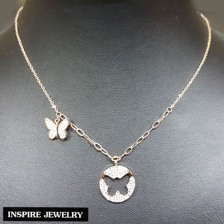 inspire-jewelry-ชุดเซ็ท-สร้อยรูปผีเสื้อ-design-ตัวเรือนสร้อย-pink-gold-ขนาด-16-18-นิ้ว-ปรับขนาดได้