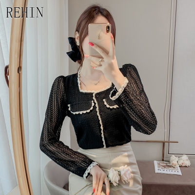 REHIN Women S Top Autumn New Lace French Square Collar With Lining Long Sleeve Shirt