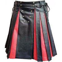 Mens Real Black &amp; Red Leather Gladiator Kilt พร้อมแผงด้านหน้าแบน Scottish Kilts Utility LARP