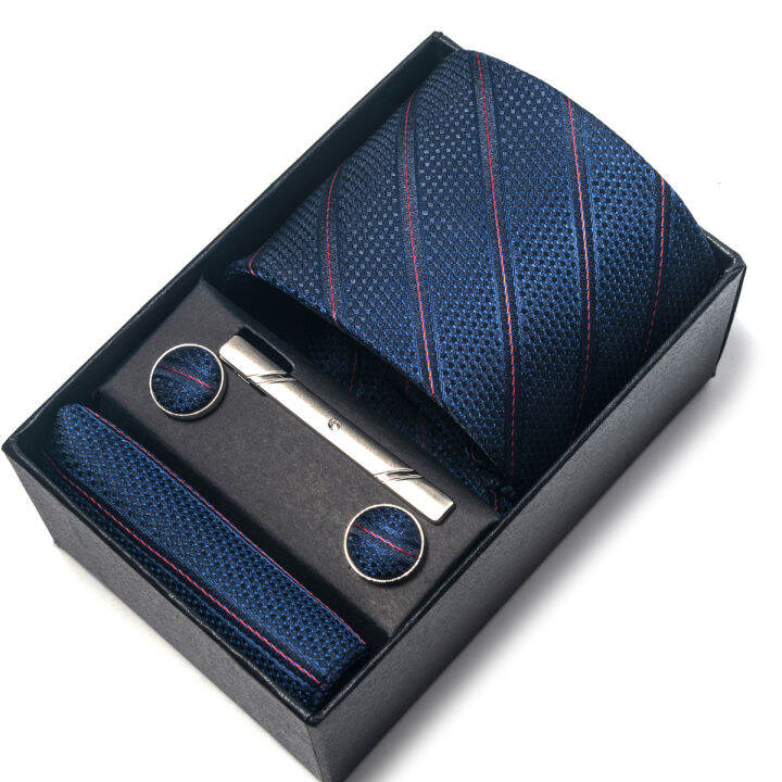 hotwholesale-ยี่ห้อ-silk-tie-pocket-squares-cufflink-ชุดเนคไทกล่อง-dark-red-man-dot-อุปกรณ์เสริมงานแต่งงาน-fit-workplace