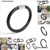 Women Men Black Leather Charm Wristband Stainless Steel Magnetic