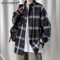 MAYCHEER เสื้อเเขนยาวผช เสื้อเชิ้ตลายสก๊อตแขนยาวของผู้ชายส่วนบางเสื้อเชิ้ตหลวมลําลองที่มีสไตล์