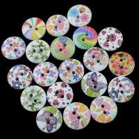 100PCS 15MM Colorful Strip and Flower Print 2 Holes Wooden Buttons for Sewing Scrapbooking Crafts DIY Clothing Accessories Haberdashery