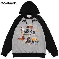 Harajuku Hooded Sweatshirt Hip Hop Kawaii Cute Dog Graphic Print Patchwork Hoodie Streetwear 2023 Men Fashion Casual Pullover