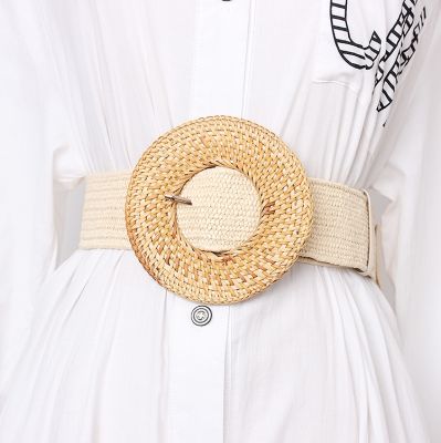 【CC】 Cinto de vestido fivela madeira para mulheres casual trançado alça larga designer feminina tecidos meninas elástico palha BZ339