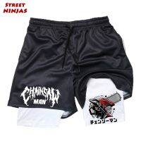 Chainsaw Man Denji Anime Gym Shorts for Men Athletic 2 in 1 Compression Shorts with Pockets Quick Dry Running Workout Fitness