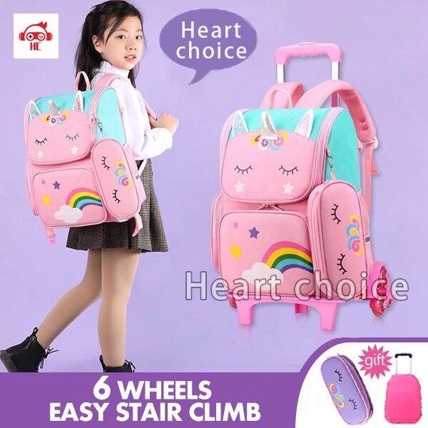 【Ready Stock】 trolley children's school bag unicorn primary kindergarten girl bag trolley