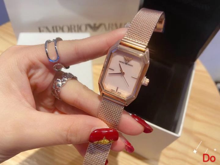 นาฬิกาควอตซ์ผู้หญิง-armani-นาฬิกาข้อมือสุภาพสตรีสายสีโรสโกลด์นาฬิกาคุณภาพสูงสำหรับสุภาพสตรีหน้าปัดสี่เหลี่ยม