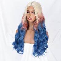 วิกผมต้านทานความร้อนสีออมเบรสีสำหรับปาร์ตี้คอสเพลย์วิกผมผู้หญิงส่วนตรงกลางผสมสีบลอนด์เส้นใยยาวสังเคราะห์ผม AISI Effort49frth1tjy สีฟ้า